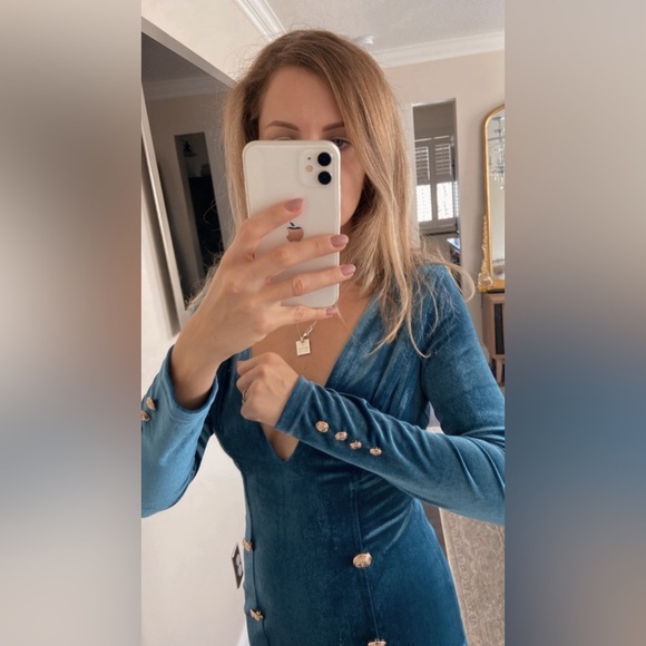 Velvet mini sea style dress long sleeve in turquoise colour gold buttons - Picture 12 of 15